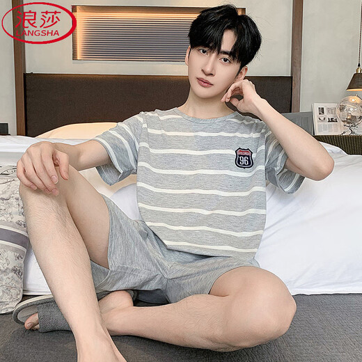 LangSha pajamas men's summer cotton short-sleeved youth middle-aged thin large-size men's summer casual spring and autumn home clothing set 9934 [H series men's short-sleeved shorts suit] 3XL [Recommended 160-180Jin [Jin equals 0.5 kg]]