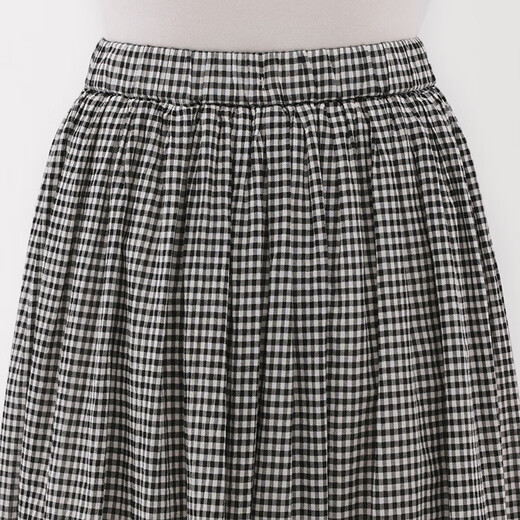 无印良品（MUJI）女式 强捻 抽褶裙 长半身裙女裙子女装格子裙25年夏季BE1VEC5S 黑色格纹 M （160/66A）