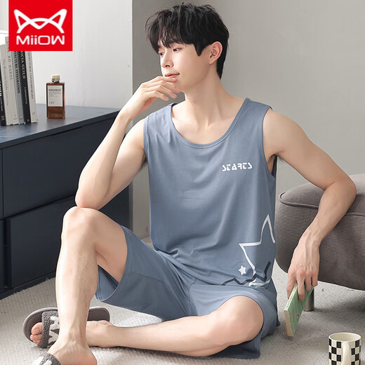 Catman Miiow Mend's Modal Pajamas Summer Shevel Shews Suit Vest Occasiter Loose Home Costume Short Mancheve Outdoor NS 9207 L 100-120JIN [Jin est égal à 0,5 kg]