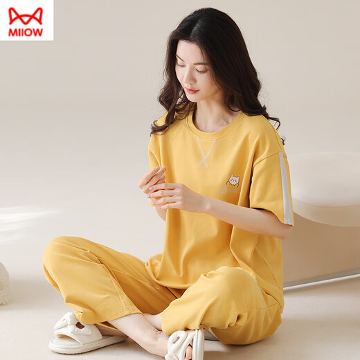 猫人（MiiOW）纯棉睡衣女短袖长裤夏季韩版女士圆领套装薄款全棉外穿家居服 RN9717#短袖长裤纯棉 M (80-100斤)