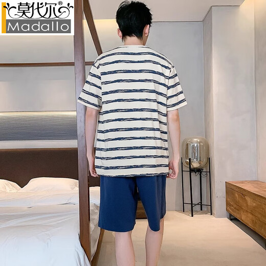 莫代尔100%纯棉睡衣男夏季短袖卡通条纹青少年宽松大码可外穿家居服套装 YZT673棉套装 L 码 建议110-130斤