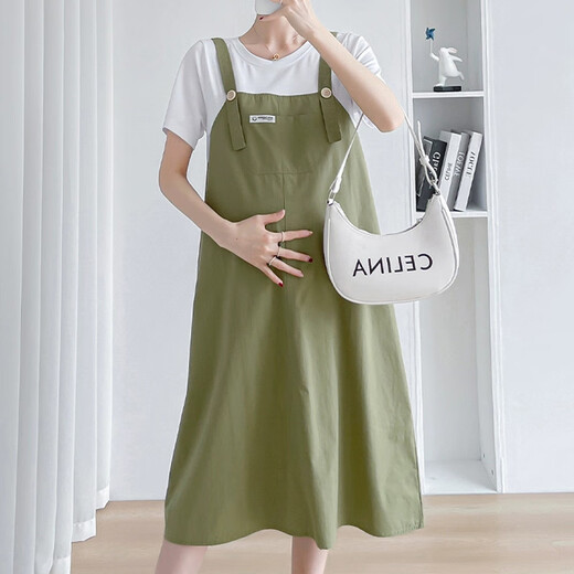 Tategao Mutterschaftskleid Sommerkleid 2024 Neues modisches loses mittelgroßer Riemenrock gefälschter zweiteiliger Mutterschaftskleid Dunkelgrüner XL (Empfohlen 115-130)
