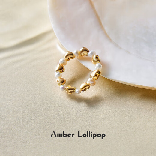 Amber Lollipop pearl ring women's love beaded index finger ring niche ring anniversary birthday gift for girlfriend and wife gold (luck series)