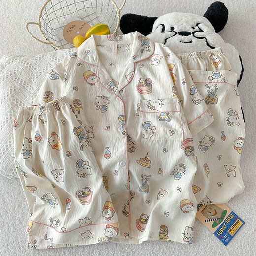 夏季短袖睡衣女薄款开衫三件套家居服新款可外穿卡通学生少女套装 9911浅杏蛋糕KT猫三件套 M