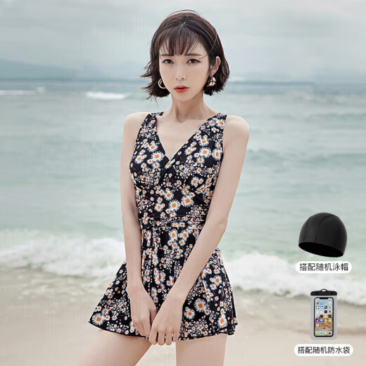 佑游游泳衣女泡温泉保守遮肚显瘦女士性感连体泳装三件套12122蓝色L