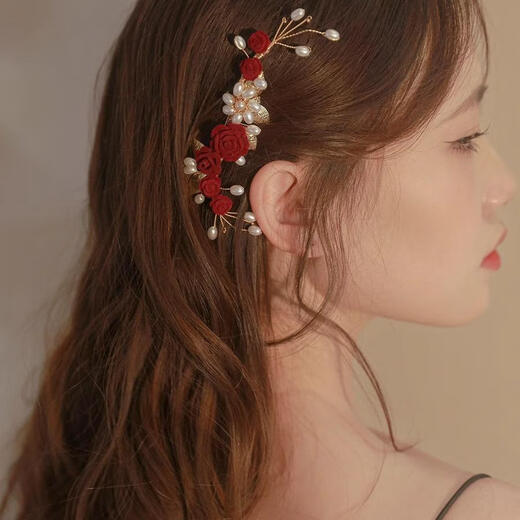 New Chinese style red flower tassels happy mother-in-law hairpins women's hair accessories bride engagement toast attire mother's hairpins red rose tassels