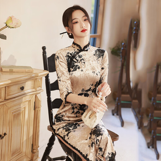 风海有夏老上海国风新中式长款改良旗袍2025新款女复古修身中长袖日常可穿 SC13566咖 S
