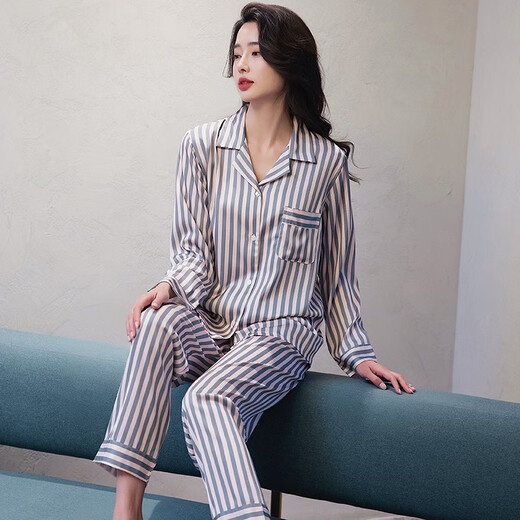 梦特娇（MONTAGUT）2025年新款睡衣女春秋款冰丝长袖条纹开衫翻领时尚网红居家服套装 xe双长6625#绿条纹 均码 m