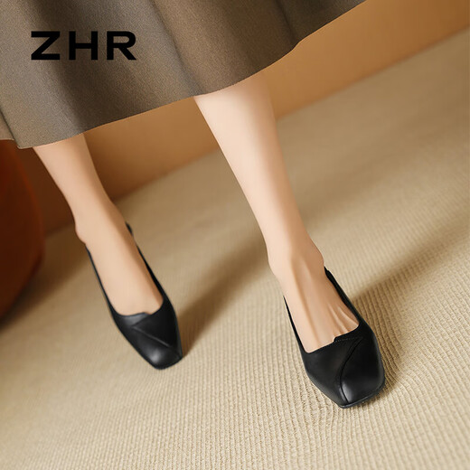 ZHR粗跟单鞋女经典拼接工作皮鞋通勤一脚蹬浅口女鞋软底AH673黑色36