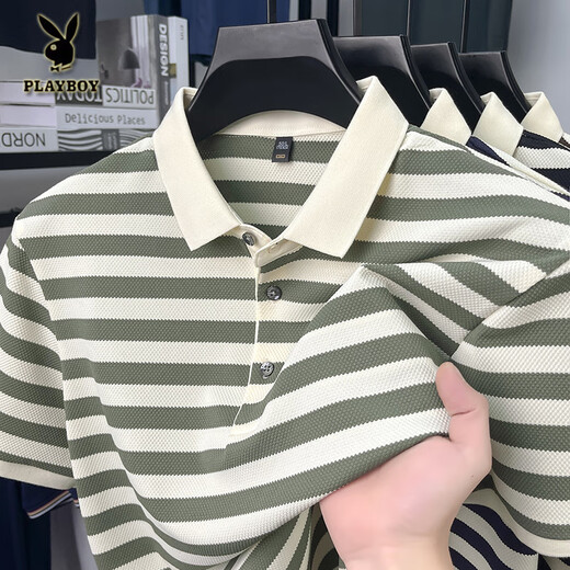 Playboy; PLAYBOY short-sleeved T-shirt for men 2025 new striped lapel casual half-sleeved summer loose thin men's short-sleeved polo shirt L9906 dark blue M 165 recommended 90-120Jin [Jin equals 0.5 kg]