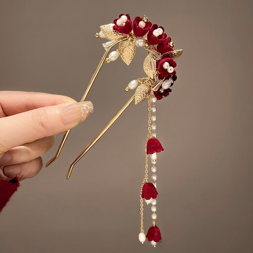 New Chinese style red flower tassels happy mother-in-law hairpins women's hair accessories bride engagement toast attire mother's hairpins red rose tassels