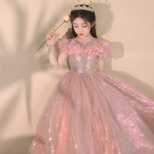 兔芊（TUQIAN）女童礼服粉色生日宴公主裙女童礼服夏粉色公主裙轻奢时尚蓬蓬长裙 蜜粉007+[模特皇冠+钢圈裙撑] 160cm(建议7185斤) 均码