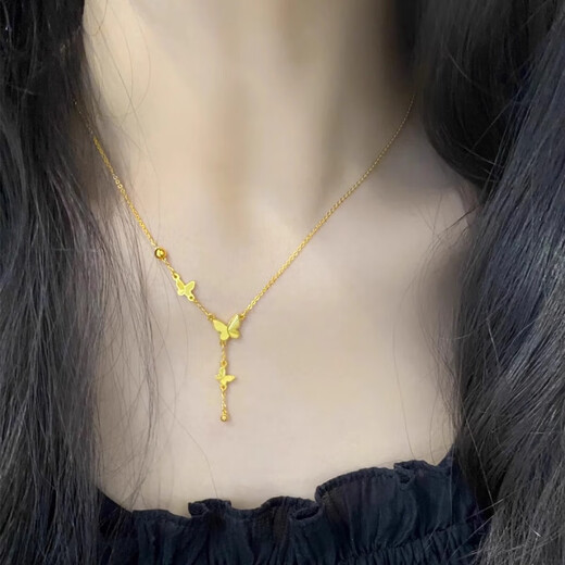Taijufu gold-wrapped silver 999 butterfly tassel gold necklace for women new light luxury niche clavicle chain as a gift for your girlfriend Tassel butterfly one-piece necklace (gold 0.3 grams)