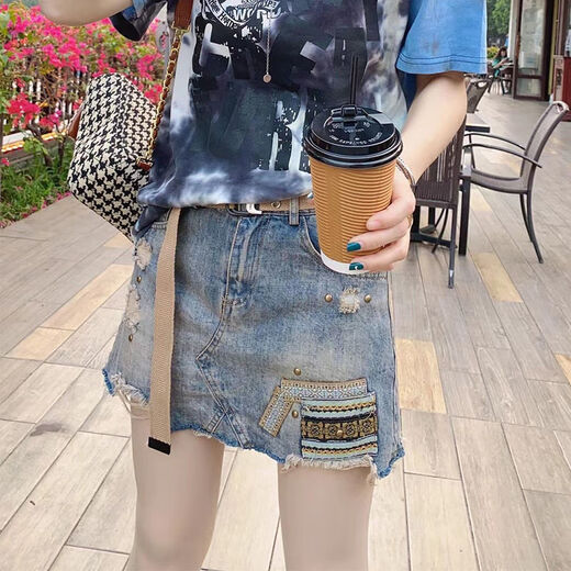 Lu yiji hellblauer Jeansrock 2025 Frühlings- und Sommer Neue personalisierte gedruckte Taille Slimming A-Line Denim Rock Trendy W9926# Blue S 80-95jin [Jin ist gleich 0,5 kg]