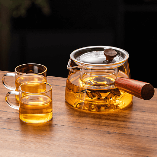 Glass teapot for making tea around the stove, high temperature resistance, single pot, household teapot, side handle, kettle, tea set, tea cup, teapot + 2 handle cups