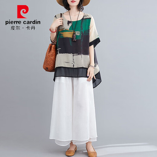 皮尔卡丹大码t恤女妈妈装雪纺衫短袖2025夏季九分阔腿裙裤宽松时尚套装女 9716桔红套装 均码 小【建议100-135斤】