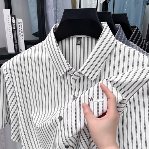Old man's head (LAORENTOU) short-sleeved striped shirt men's 2025 summer trendy half-sleeved shirt business casual no-solution elastic elastic AN15279 gray XL