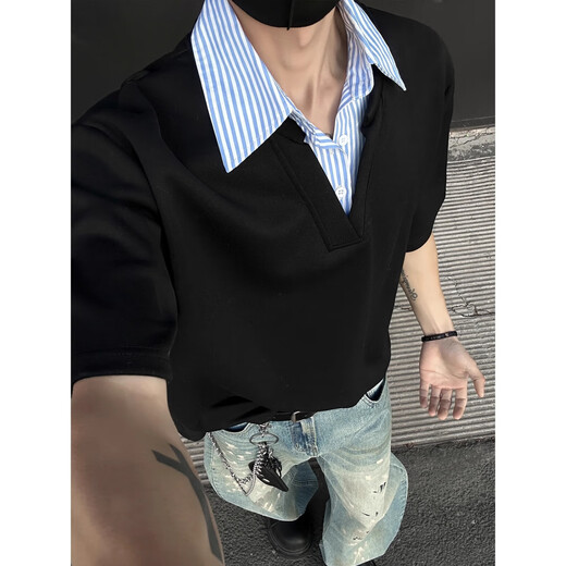 Poum T-shirt à manches courtes pour hommes NOUVEAU COF MIME COOL-ZIPPE FAUX COLS POLO STRIFIÉS DE TWO-PIE