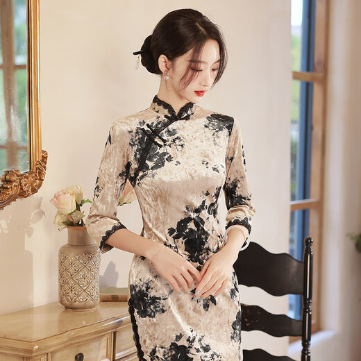 风海有夏老上海国风新中式长款改良旗袍2025新款女复古修身中长袖日常可穿 SC13566咖 S