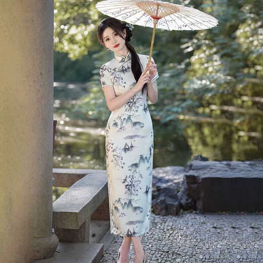 Ink-painted satin modified cheongsam for everyday girls, slim-fitting stand-up collar and temperament long national style dress JQ15 ink XL (120-130Jin Jin is equal to 0.5kg)