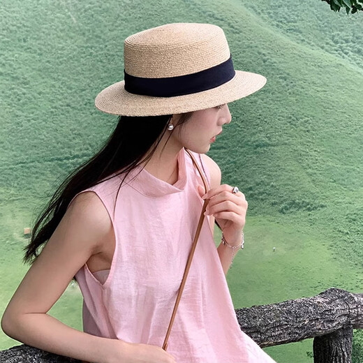 范诗奥2025新款法式平顶草帽女大头围海边沙滩礼帽编织防晒太阳帽子夏季 凹顶黑-升级款软顶【帽檐8CM】 均码可调节
