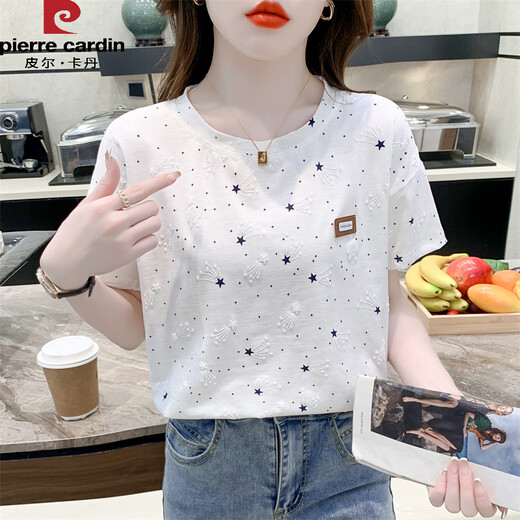 Pierre Cardin reines Baumwolldruck-T-Shirt für Frauen kurzärmeliger Sommer 2025 Neues lous Druckdesign Vielseitig T-Shirt Top Trend 1396 Weiß + 2503 Große Buchstaben M geeignet -109jin [Jin entspricht 0,5 kg]