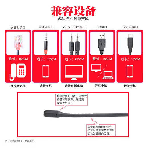 Hangpu VT200DH telephone headset customer service headset call center operator dedicated to mobile phone computer landline conference office anti-noise reduction head-mounted wired telephone headset upgraded model-Type-C-with tuning mute