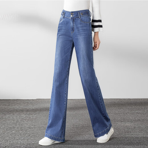 Gemas coloridas Jeans rectas de cintura alta para mujeres pantalones sueltos y versátiles de piernas abiertas 2025 Spring [3886] Blue pantalones de mezclilla 27 [2 pies]