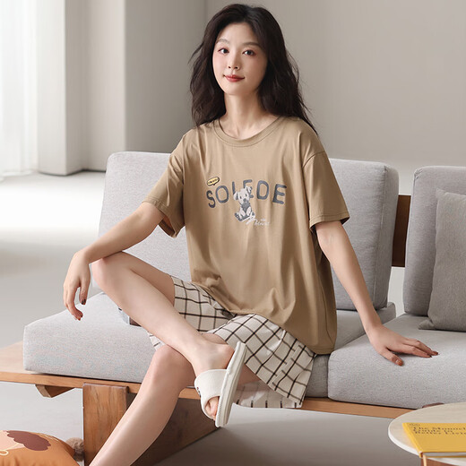 旭杉斯带胸垫莫代尔棉睡衣女款夏季短袖短裤外穿凉爽韩范夏天家居服套装 g6630b女 M  建议80-100斤