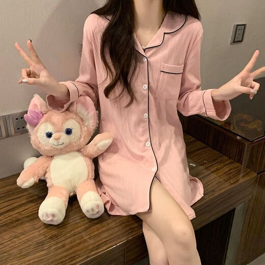 COLORFUL GEMS bean paste color pajamas for women new long-sleeved nightgowns for home clothes spring, summer and autumn boyfriend style 681# bean paste color shirt skirt 175 L (95-110Jin[Jin equals 0.5 kg])