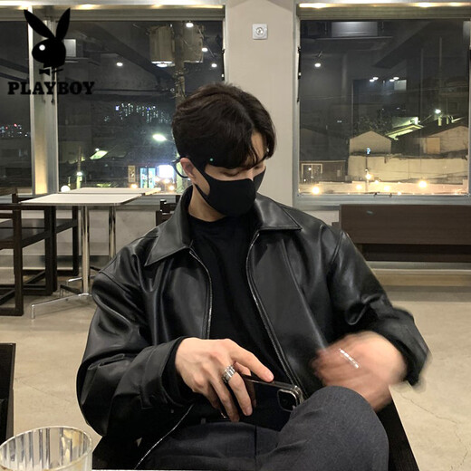 Playboy (PLAYBOY) motorcycle leather jacket men's spring and autumn Korean version loose and trendy handsome black retro American fashion brand leather jacket for men P12 black size too large L 120-140Jin Jin equals 0.5 kg to wear