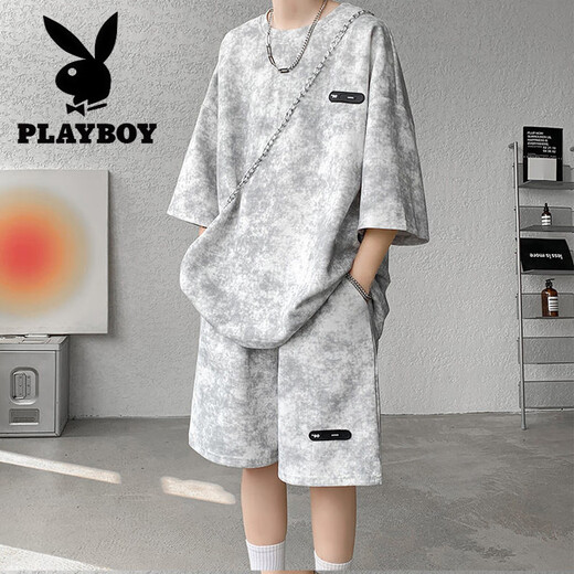 Playboy (PLAYBOY) summer suit men's niche design tie-dyeing 7-quarter sleeve T-shirt shorts trendy cool big size men's clothing set TZ757 tie-dyeing black L (recommended 110-125 Jin [Jin equals 0.5 kg])