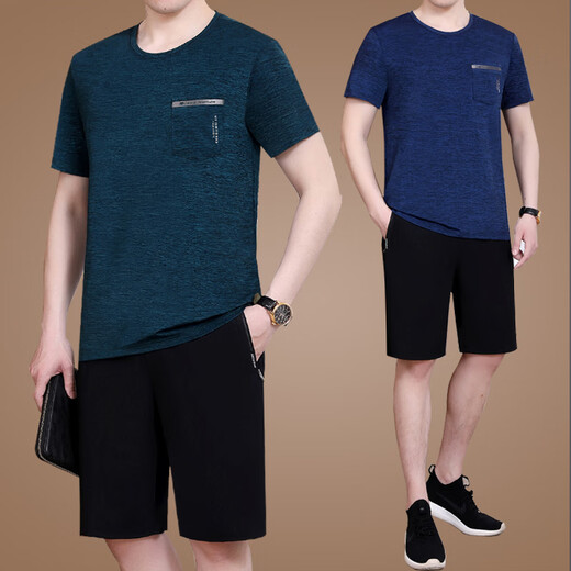 皮尔卡丹（pierre cardin）中老年运动套装男士夏季2025新款爸爸冰丝短袖t恤父亲圆领休闲服 723水蓝【短袖+短裤】 L 【建议100-120斤左右】