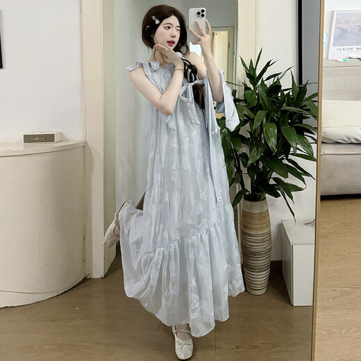 Yiou2025 Neues großer Frauenfrüchte- und Sommerkleidung Neckoter Urlaub Seaside Kleid + blaue Strickjacke zweiteilige Set 6182 Blue Strickjacken L.