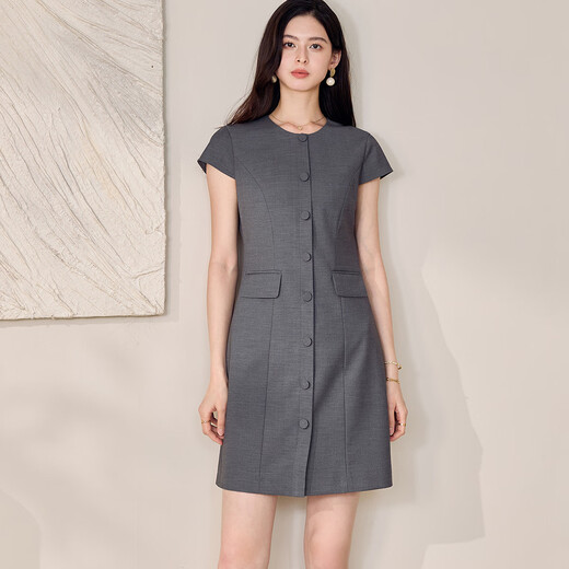 Roeyshouse Roe Intellectual Couleur solide Robe de cou rond pour femmes 2025 Summer New Style Commuter mince jupe droite 12170 Gray L