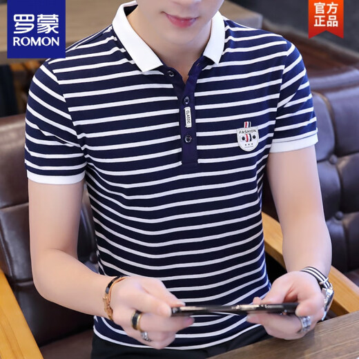 罗蒙（ROMON）男士短袖t恤纯棉修身时尚t恤纯棉夏季 潮流条纹polo.衫新款夏装 W7029白色 M (160) 90-105斤