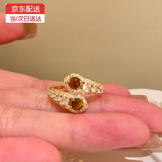 Buck Lemelard Zirconia Tiger Eye Open Ring Women's Niche Versatile Design Index Finger Ring Fashionable and High-end Hand Accessories Ring - Gold - Style 1
