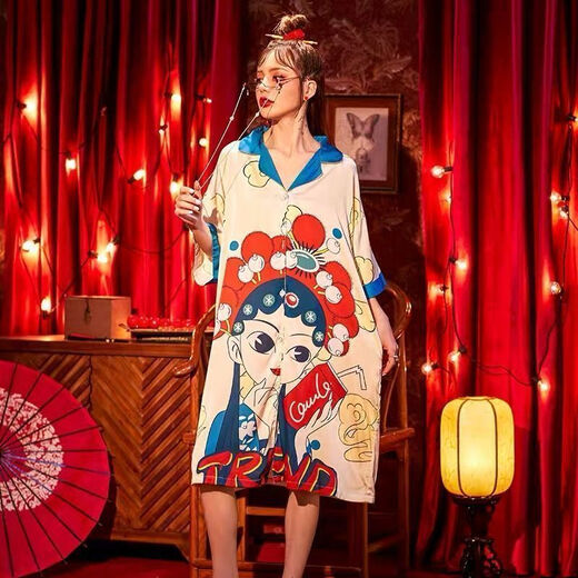FHHUABD新中式国潮晨袍婚礼新娘伴娘团搞怪睡衣夏季冰丝凉爽睡裙家居服 国潮702短袖墨绿 M 建议80斤-110斤