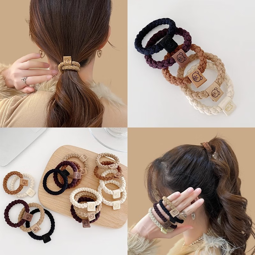 Demina Highly Elastic, Durable, Thick and Temperamental Hair Rope, Versatile Ponytail Hair Tie, Hair Accessory, Head Rope, Leather Cover, Hair Accessory, Rubber Band, Twist Bear Logo, 5 Black