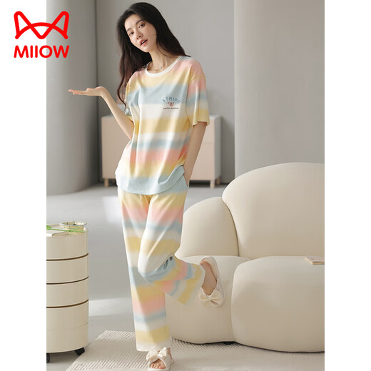 猫人（MiiOW）夏季女士短袖睡衣套装100纯棉长裤家居服全棉可外穿夏天条纹卡通 Y9711 M (建议75-95斤)