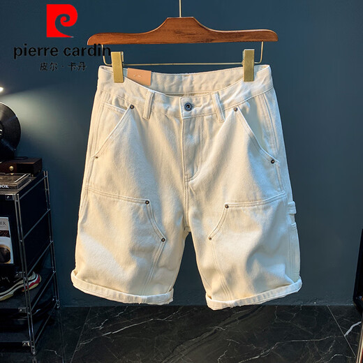 Pierre Cardin 2025 Neue weiße Denim-Shorts Herren Sommer dünne reine Baumwolle Nicht-Elastizität Casual Mid-Hose Trendy Lose große Männer weiß [xy9921] 31 geeignet für Gewicht 130-138jin [Jin entspricht 0,5 kg]