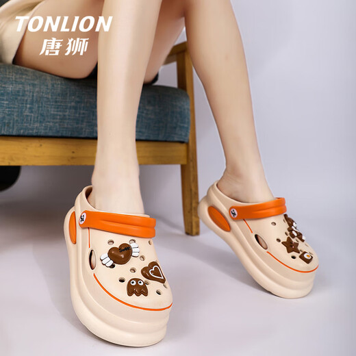 Tang Lion (TonLion) hole shoes for women summer soft-soled sandals for women wearing casual bag-toe sandals thick-soled beach shoes Beige 37-38
