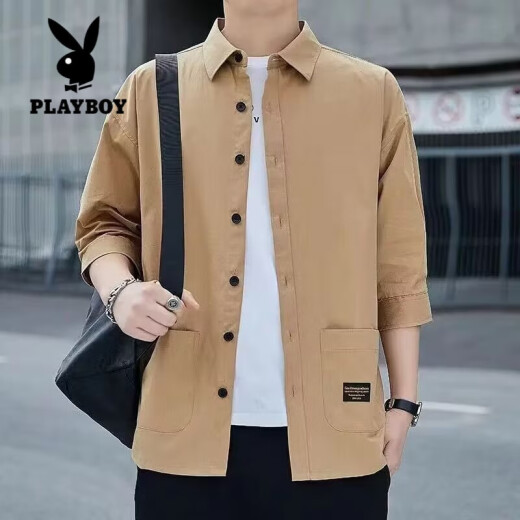 花花公子（PLAYBOY）纯棉七分袖衬衫男夏季薄款高端中袖衬衣男士休闲短袖t恤男款外套 723/灰色（七分袖衬衫） 3XL