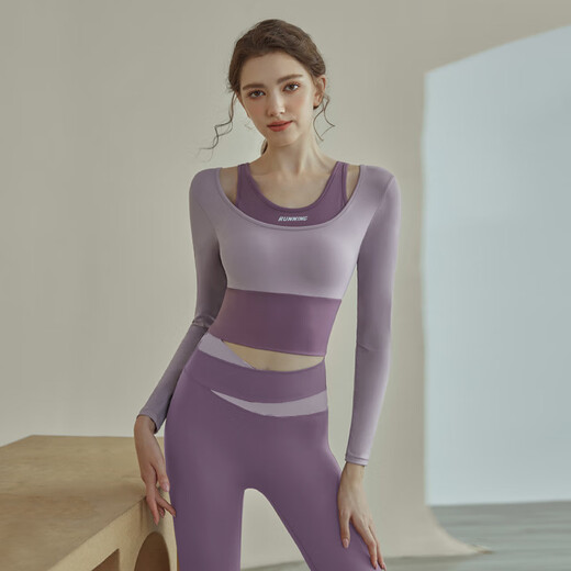 Bright dip running fitness sports T-shirt short tight fixed chest pad Pilates fake two-piece top long-sleeved yoga wear for women Star Black M