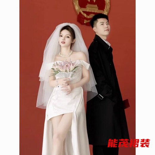 萱眸一字肩法式轻婚纱缎面感鱼尾出门纱小个子领证小白裙订婚礼服 白色 L