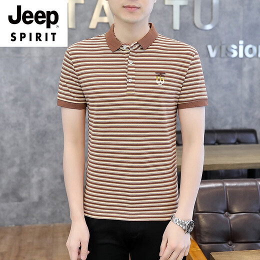 JEEP SPIRIT冰丝短袖t恤男夏季2025新款有领条纹Polo.衫体恤潮流男装休闲衣服 Y6626卡其色 XL 175