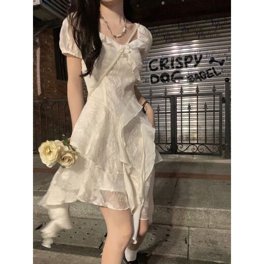 沐霓法式气质初恋白色连衣裙不规则白色礼服裙夏季收腰显瘦纯欲荷叶边 法式初恋连衣裙【白色】 L 码【建议106-125斤】