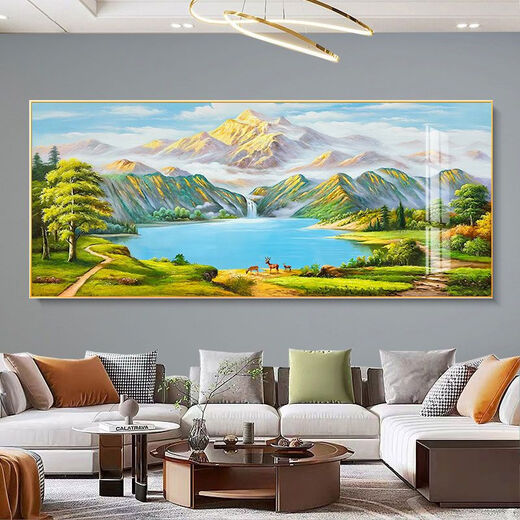 Zaiwai Green Mountains and Green Water Contexte Mur Wall Salon Room Bureau suspendu peinture contre Jinshan Salon Paint décoratif bassin 12596 Sunrise Green Mountains 1CM * 1CM 120 * 50 Cadre d'aluminium en or + Porcelaine cristalline plate