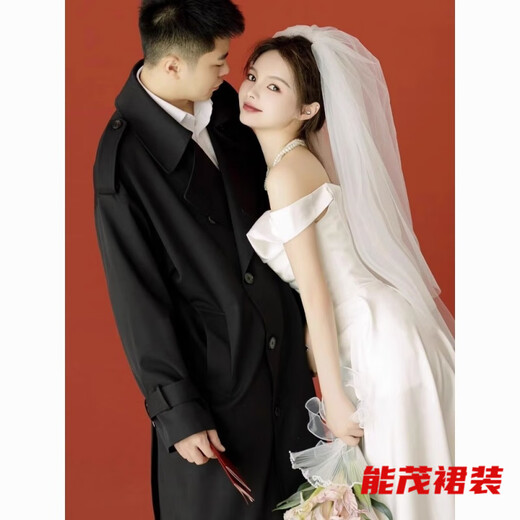 萱眸一字肩法式轻婚纱缎面感鱼尾出门纱小个子领证小白裙订婚礼服 白色 L