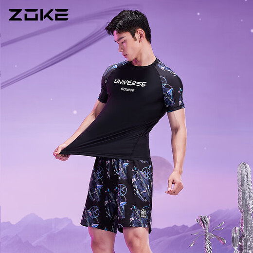 洲克（ZOKE）新品男士泳衣分体长袖防晒情侣温泉短袖冲浪衣五分两件沙滩裤 沙滩裤黑灰水黑平角 12350 2XL